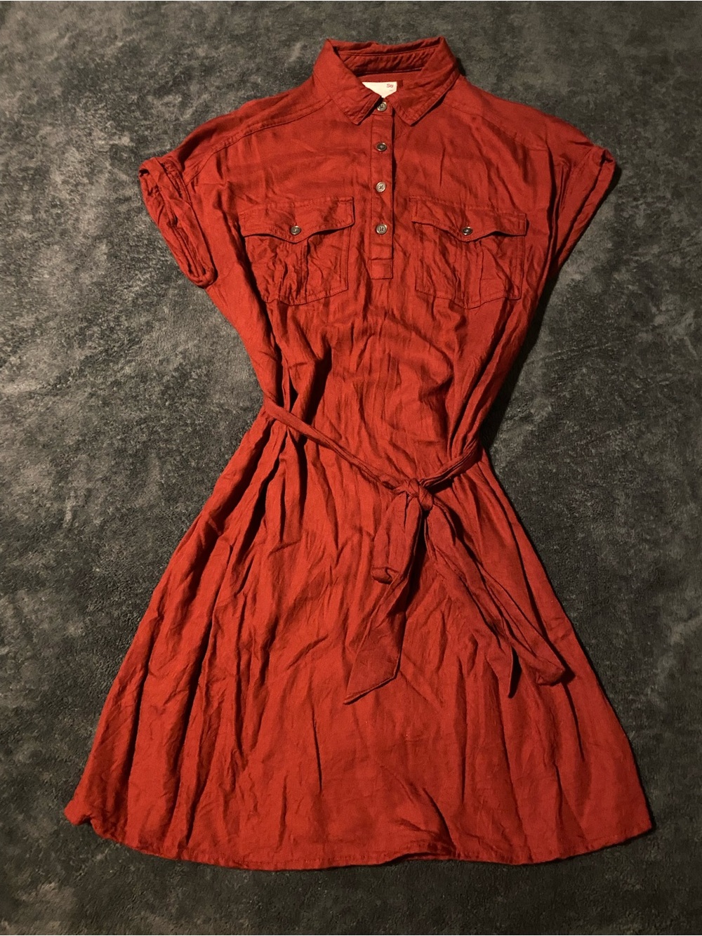 SO Rust Red Button-Front Midi Dress with Tie Waist